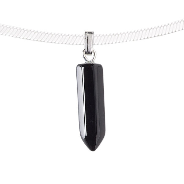 Pendant, black onyx (dyed) and silver-plated "pewter" (zinc-based alloy), 21x6mm point. Sold individually. image number 0