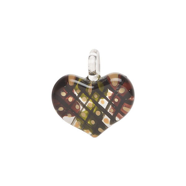 Drop, lampworked glass 1pkg1, opaque multicolored, 19x17mm-22x20mm single-sided heart with checkerboard pattern. image number 1