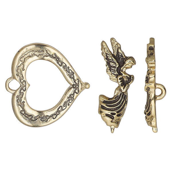 Clasp, toggle, antique gold-finished "pewter" (zinc-based alloy), 23x21mm heart with angel bar. Sold individually. image number 0