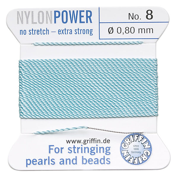 Thread, Griffin, nylon, turquoise blue, size #8. Sold per 2-meter card (approximately 78 inches). image number 0