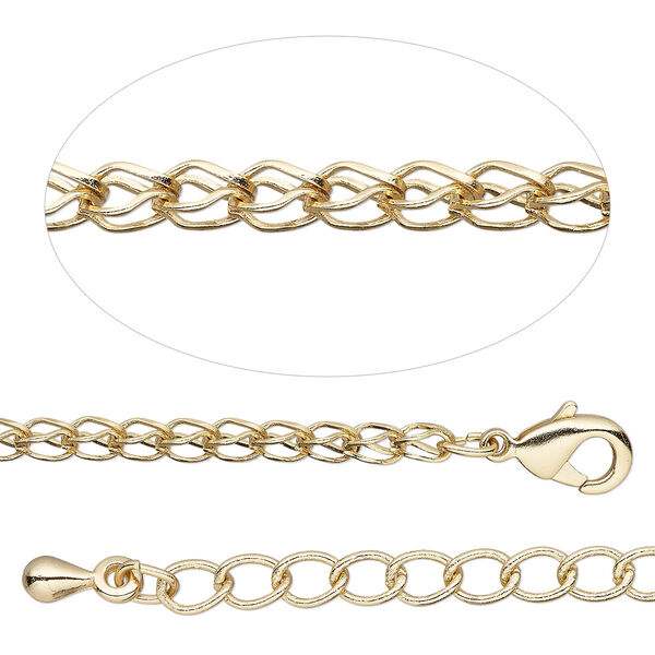 Chain, gold-finished brass, 2.2mm double teardrop, 18 inches with 2-inch extender chain and lobster claw clasp. Sold individually. image number 0