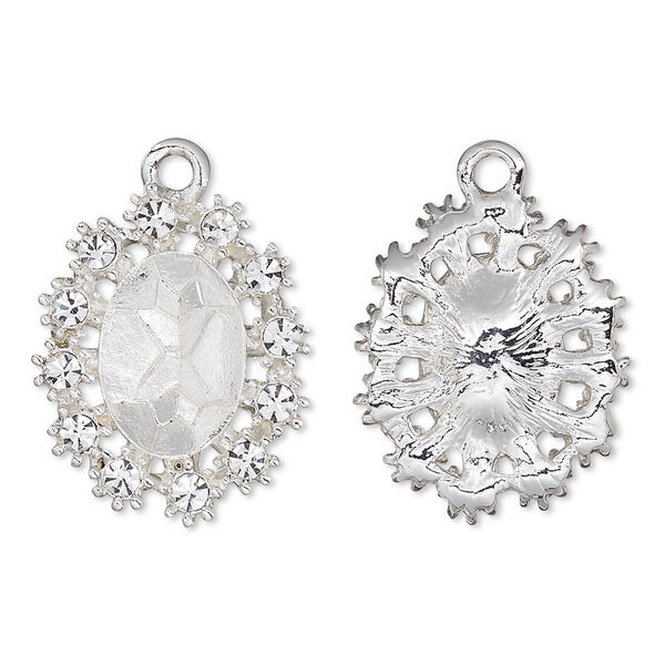 Drop, Almost Instant Jewelry®, crystals and silver-plated "pewter" (zinc-based alloy), crystal clear, 23x19mm single-sided oval with 14x10mm oval setting. Sold individually. image number 0