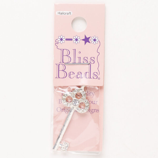 Charm, "pewter" (zinc-based alloy) and glass, pkg/1, silver finish and clear, 34x15mm single-sided key. image number 0