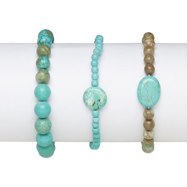 Bracelet mix, stretch, magnesite and chalk turquoise (dyed / stabilized), mixed colors, 4mm-30x23mm multi-shape, 6-1/2 inches. Sold per pkg of 3. image number 0