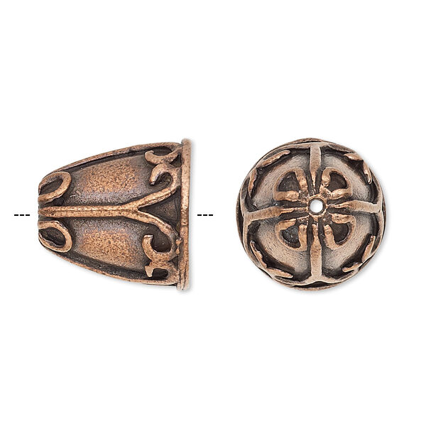 Cone, antique copper-plated pewter (tin-based alloy), 15.5x15.5mm with fancy design, fits 10.5mm bead. Sold per pkg of 2. image number 0