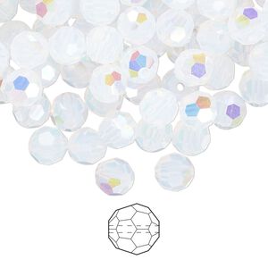 Bead 24pk white opal AB, Preciosa Czech crystal 6mm round