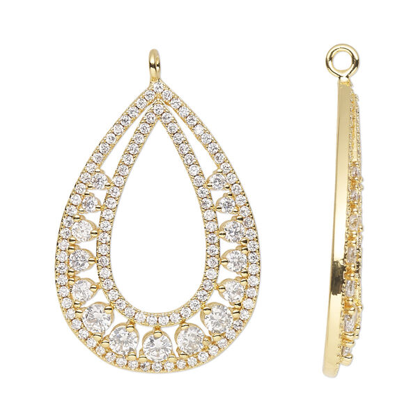 Focal, cubic zirconia and gold-finished brass, clear, 31x21.5mm single-sided open teardrop. Sold individually. image number 0