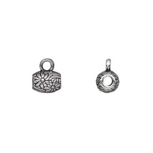 Bead, antique silver-plated "pewter" (zinc-based alloy), 8x6mm double-sided oval with flower design and loop. Sold per pkg of 20.
