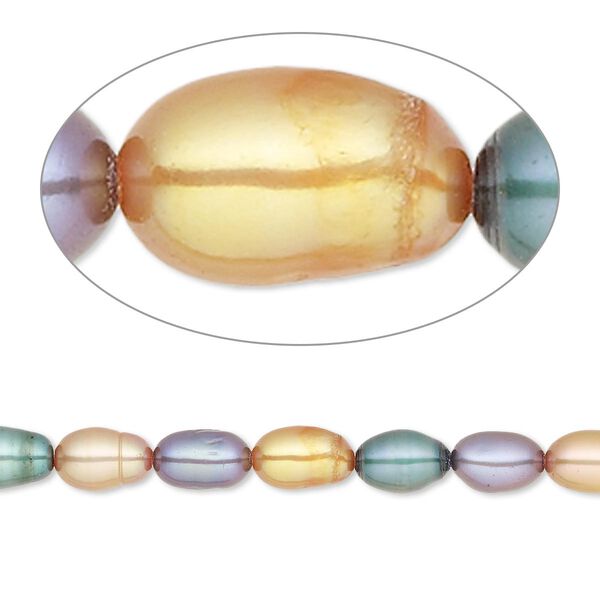 Pearl, cultured freshwater (dyed), multicolored, 4-5mm rice, C- grade, Mohs hardness 2-1/2 to 4. Sold per 16-inch strand. image number 0