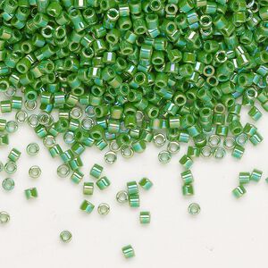 Seed bead, Delica®, glass, pkg/7.5g, #10 round, opaque rainbow green (DBM-0163).
