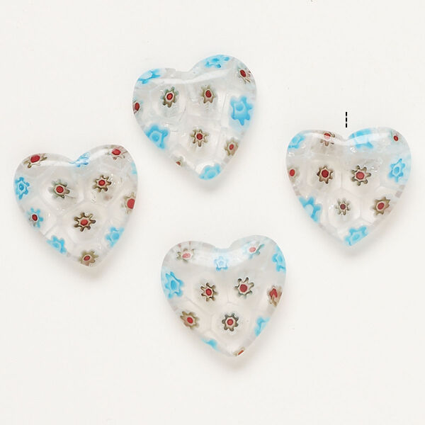 Bead, millefiori glass, clear / translucent sky blue / multicolored, 19-20mm half-drilled puffed heart. Sold per pkg of 4. image number 0
