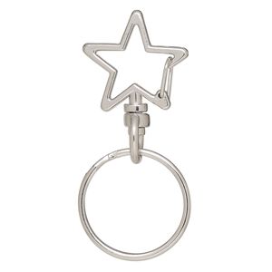 Key ring, imitation rhodium-finished brass and steel, 56x25.5mm overall with 24x23mm self-closing star on a swivel and 25.5mm split ring. Sold per pkg of 5.