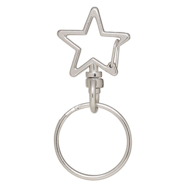 Key ring, imitation rhodium-finished brass and steel, 56x25.5mm overall with 24x23mm self-closing star on a swivel and 25.5mm split ring. Sold per pkg of 5. image number 0