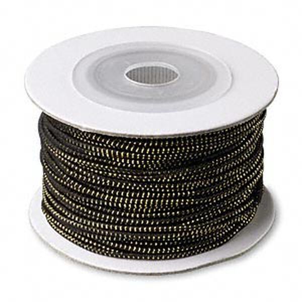 Bracelet cord, elastic, black with gold, 1mm. Sold per 25-yard spool. image number 0