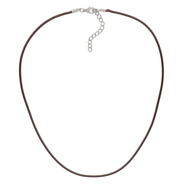 Necklace cord, imitation leather with imitation rhodium-finished steel and "pewter" (zinc-based alloy), brown, 2mm wide, 18 inches with 1-1/2 inch extender chain and lobster claw clasp. Sold per pkg of 10. image number 0