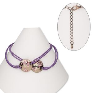 Bracelet, waxed cotton cord / glass rhinestone / brass-finished "pewter" (zinc-based alloy) / brass, pink and purple, 15mm round link, 7 inches with 2-inch extender chain and lobster claw clasp. Sold individually.