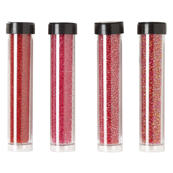Seed bead assortment, Ming Tree™, glass, pkg/(4) 4 x 3/4 inch vials, #11 round, translucent and transparent rainbow luster red. image number 0