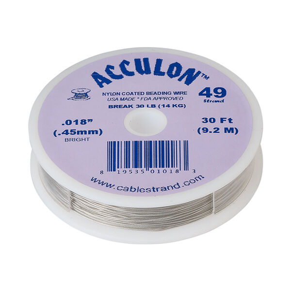 Beading wire, Acculon®, nylon-coated stainless steel, clear, 49 strand, 0.018-inch diameter. Sold per 30-foot spool. image number 0