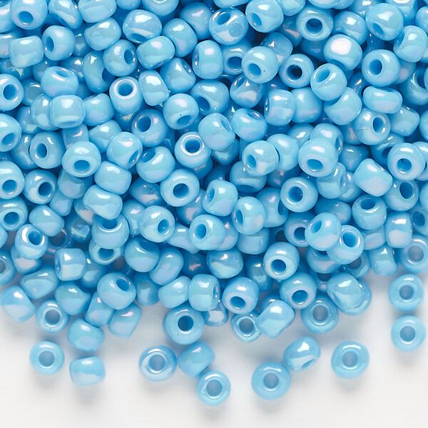 Seed bead, Dyna-Mites™, glass, opaque rainbow light turquoise blue, #6 round. Sold per 40-gram pkg. image number 0
