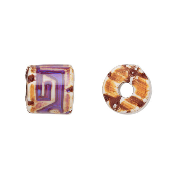 Bead, acrylic, opaque multicolored, 12x11.5mm color-changing round tube with vine design, 3.5mm hole. Sold per pkg of 2. image number 0