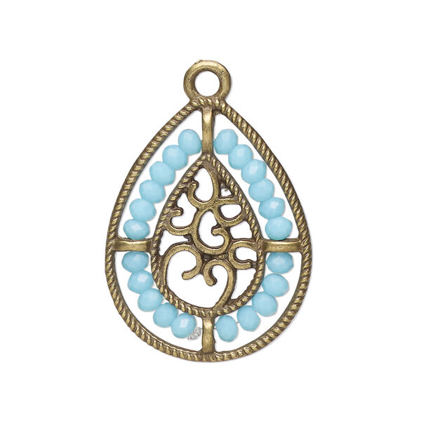 Drop, antique brass-finished "pewter" (zinc-based alloy), aqua blue, 27.5 x 21.5mm teardrop with hearts and beaded border. Sold per pkg of 2. image number 0