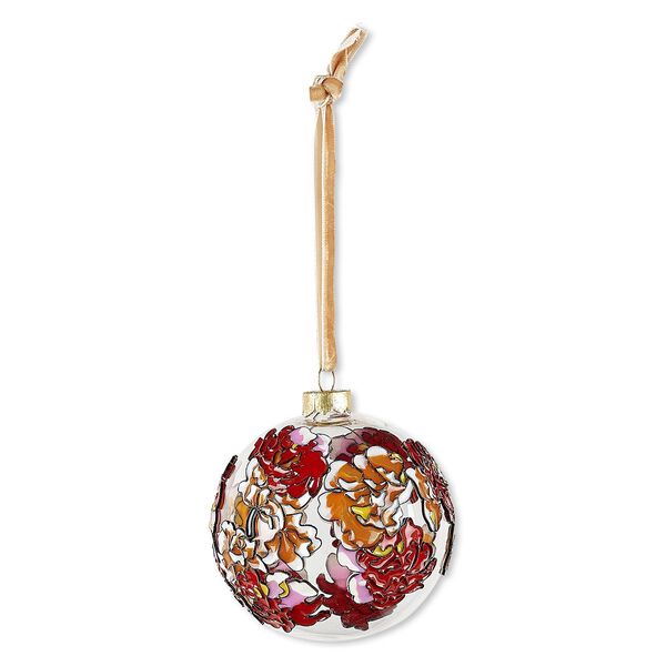Ornament, glass / enamel / velveteen ribbon / black-finished copper / gold-finished brass / steel, clear and multicolored, 3-inch round with flower design. Sold individually. image number 0