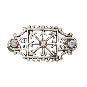 Focal, glass rhinestone with antiqued silver-finished steel and "pewter" (zinc-based alloy), clear AB, 34x18mm with cutout design and (2) screw fasteners. Sold individually.