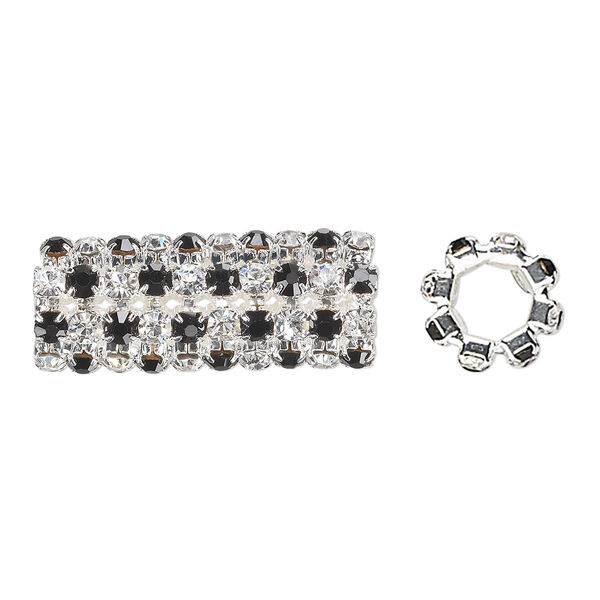 Bead, glass rhinestone and silver-plated brass, black and clear, 32x13mm cylinder with 3mm chatons, 7.5mm hole. Sold individually. image number 0