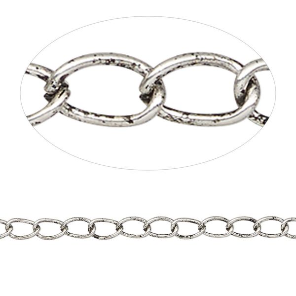 Chain 1pkg1 antique silver-plated steel, 4mm curb, pkg of 25 feet. image number 0