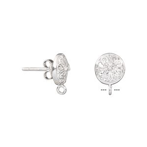 Earstud 1pkg2 sterling silver, 12mm round heart design / closed loop / earnuts, 1 pair