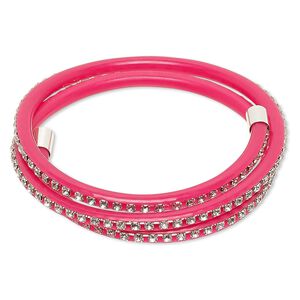 Bracelet, wrap, PVC plastic / glass rhinestone / silver-finished brass, dark pink and clear, 4mm wide with cupchain, adjustable from 7-9 inches. Sold individually.