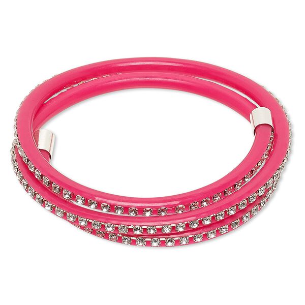 Bracelet, wrap, PVC plastic / glass rhinestone / silver-finished brass, dark pink and clear, 4mm wide with cupchain, adjustable from 7-9 inches. Sold individually. image number 0