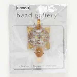 Focal, lampworked glass, tan and multicolored, 48x30mm turtle with silver-colored foil. Sold individually.