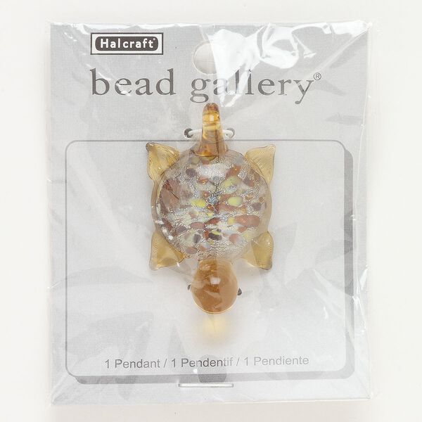 Focal, lampworked glass, tan and multicolored, 48x30mm turtle with silver-colored foil. Sold individually. image number 0