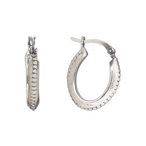 Earring, Create Compliments®, antiqued fine silver, electroformed, 21mm beaded oval hoop with latch-back closure. Sold per pair.