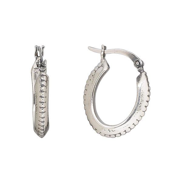 Earring, Create Compliments®, antiqued fine silver, electroformed, 21mm beaded oval hoop with latch-back closure. Sold per pair. image number 0