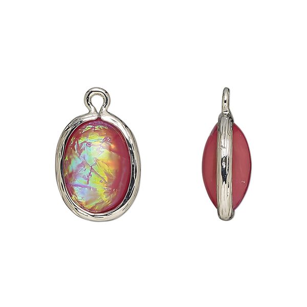 Drop, Opalized Ice™, "opal" (resin) and imitation rhodium-finished brass, opaque light purple, 16x12mm double-sided oval. Sold per pkg of 4. image number 0