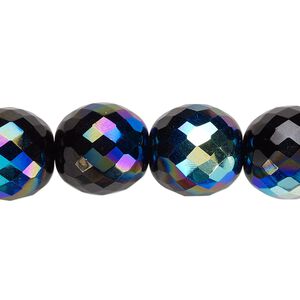 Bead, Czech fire-polished glass, jet AB, 14mm faceted round. Sold per 15-1/2" to 16" strand.