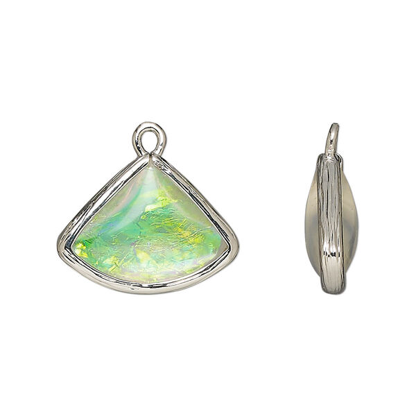 Drop, Opalized Ice™, "opal" (resin) and imitation rhodium-finished brass, opaque white, 19x15mm double-sided fan. Sold per pkg of 4. image number 0