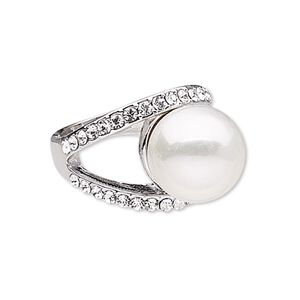 Ring, glass rhinestone / plastic pearl / imitation rhodium-finished "pewter" (zinc-based alloy), white and clear, 17mm wide with 14mm round, size 8. Sold individually.