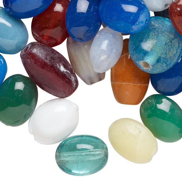 Bead mix, lampworked glass, opaque and translucent mixed colors, 10x7mm-16x9mm oval. Sold per 4-ounce pkg, approximately 80 beads. image number 0