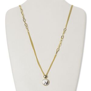 Necklace, cubic zirconia / gold-finished brass / copper / steel, clear, 18mm faceted round, 27 inches with 3-inch extender chain and lobster claw clasp. Sold individually.