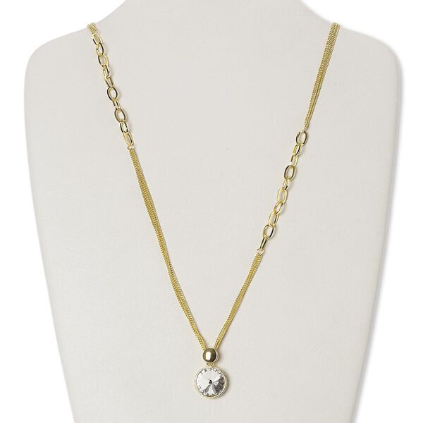 Necklace, cubic zirconia / gold-finished brass / copper / steel, clear, 18mm faceted round, 27 inches with 3-inch extender chain and lobster claw clasp. Sold individually. image number 0