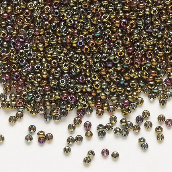 Seed bead, Preciosa Ornela Czech glass, pkg/500g, #11 rocaille, opaque golden bronze gold iris black, (59148). image number 0