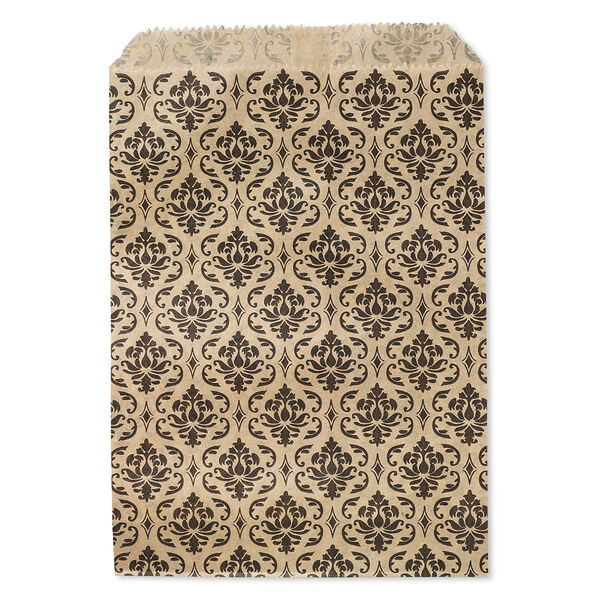 Bag, paper, brown and black, 7x5 inches with damask print and scalloped top edge. Sold per pkg of 100. image number 0