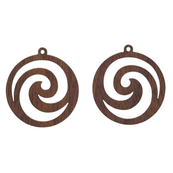 Drop, wood (natural), 25mm single-sided left- and right-facing flat round with cutout swirl design. Sold per pkg of 2. image number 0