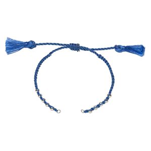 Bracelet component, nylon and silver-finished brass, blue, 9-3/4 inches with adjustable macramé closure and (2) 5mm open loops. Sold individually.
