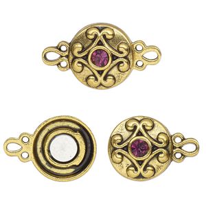 Clasp magnetic 1pkg2 "pewter" (zinc alloy), 12mm double-sided round, antique gold-finished / purple rhinestone 1-strand