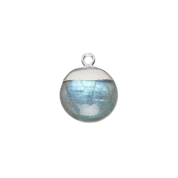 Drop, labradorite (natural) and sterling silver, 12mm puffed flat hand-cut round. Sold individually. image number 0