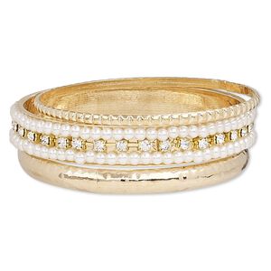 Bracelet, bangle, acrylic pearl / glass rhinestone / gold-finished steel, white and clear, 3-13mm wide, 8 inches. Sold per 3-piece set.